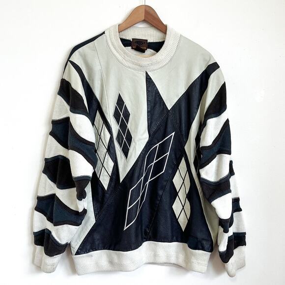 VTG Y2K 3D Knit Men Sweater Size XL Brown Leather Chunky Biggie Cosby 90s USA - Picture 1 of 11